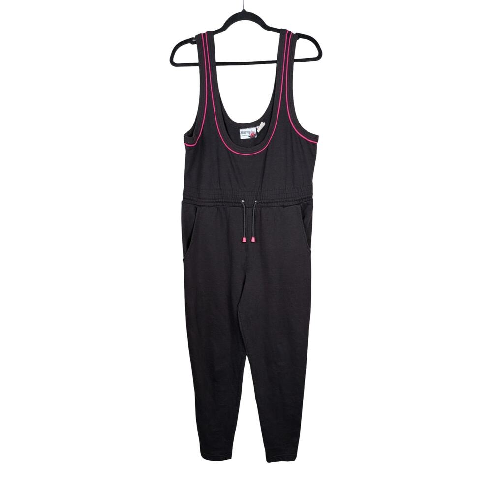 Vtg 80s Hang Ten Black French Terry Jumpsuit S | Pink Piping Sporty Athleisure
